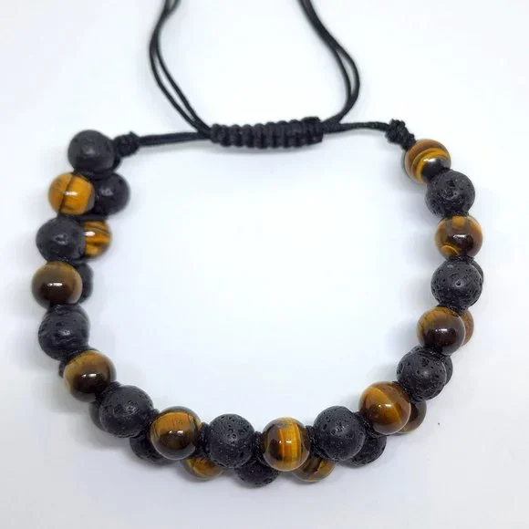 Natural Tiger Eye Black Lava Stone Double Strand Adjustable Lariat Bracelet
